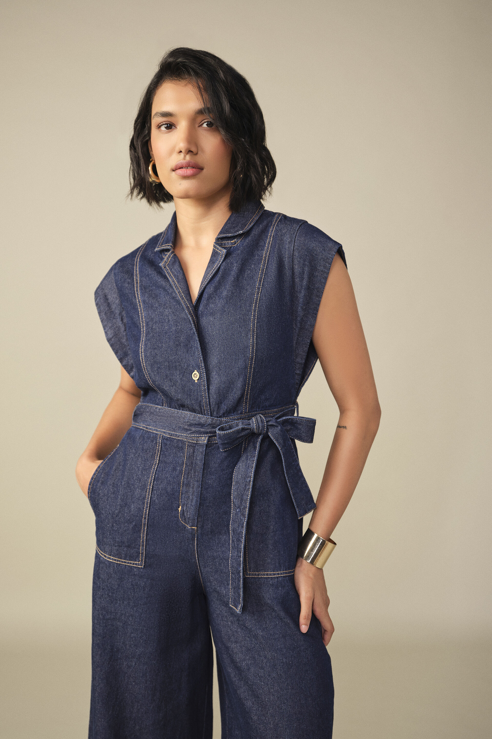 Solid Denim Jumpsuit in Blue, Blue, image 4
